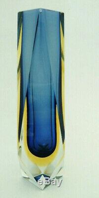 Vintage Blue / Yellow Italian Murano Mandruzzato Somerso Faceted Art Glass Vase