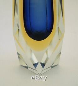 Vintage Blue / Yellow Italian Murano Mandruzzato Somerso Faceted Art Glass Vase