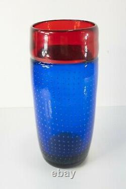 Vintage Blue and Red Controlled Diffused Bubble Italian Murano Art Glass Vase