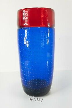 Vintage Blue and Red Controlled Diffused Bubble Italian Murano Art Glass Vase