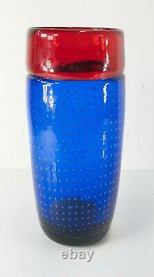Vintage Blue and Red Controlled Diffused Bubble Italian Murano Art Glass Vase