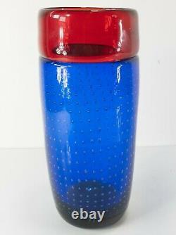 Vintage Blue and Red Controlled Diffused Bubble Italian Murano Art Glass Vase