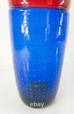 Vintage Blue and Red Controlled Diffused Bubble Italian Murano Art Glass Vase