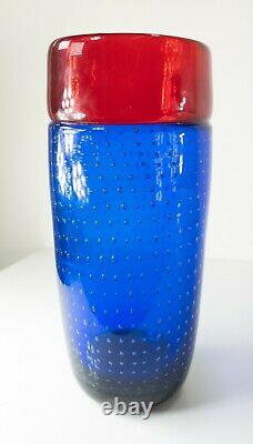 Vintage Blue and Red Controlled Diffused Bubble Italian Murano Art Glass Vase