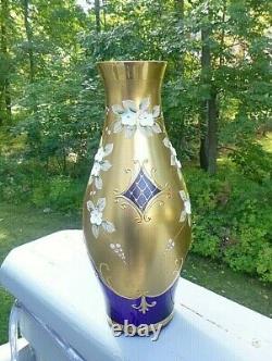Vintage Bohemia Czech Gold Enamel Flowers Cobalt Blue Crystal Vase with Label