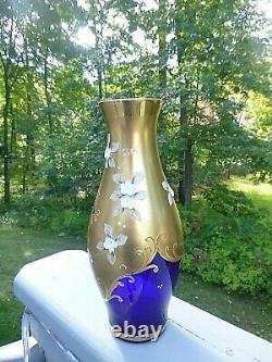 Vintage Bohemia Czech Gold Enamel Flowers Cobalt Blue Crystal Vase with Label