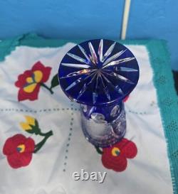 Vintage Bohemian Cobalt Blue Base cut to clear crystal glass vase