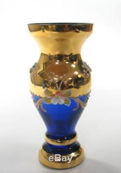 Vintage Bohemian Cobalt Blue Crystal Flower Vase Gold Gilded Floral Hand Made