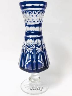 Vintage Bohemian Cobalt Blue Cut-to-Clear Glass Vase 11.75in