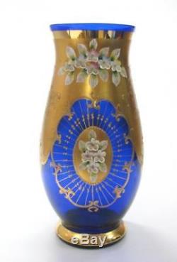 Vintage Bohemian Cobalt Blue Hand Made Crystal Vase Gold Gilded Flowers Motive