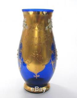 Vintage Bohemian Cobalt Blue Hand Made Crystal Vase Gold Gilded Flowers Motive