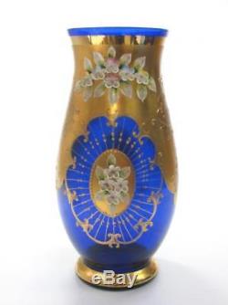 Vintage Bohemian Cobalt Blue Hand Made Crystal Vase Gold Gilded Flowers Motive