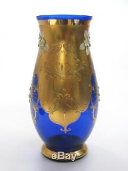 Vintage Bohemian Cobalt Blue Hand Made Crystal Vase Gold Gilded Flowers Motive