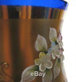 Vintage Bohemian Cobalt Blue Hand Made Crystal Vase Gold Gilded Flowers Motive