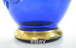 Vintage Bohemian Cobalt Blue Hand Made Crystal Vase Gold Gilded Flowers Motive