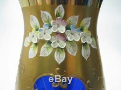 Vintage Bohemian Cobalt Blue Hand Made Crystal Vase Gold Gilded Flowers Motive