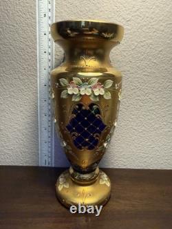 Vintage Bohemian Czech Art Glass Vase Cobalt Blue Gold Gilt Enamel Floral 8.75