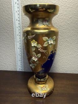 Vintage Bohemian Czech Art Glass Vase Cobalt Blue Gold Gilt Enamel Floral 8.75