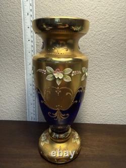 Vintage Bohemian Czech Art Glass Vase Cobalt Blue Gold Gilt Enamel Floral 8.75