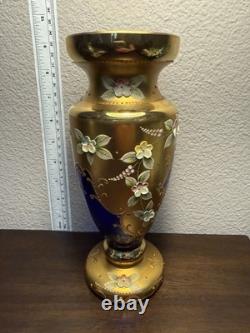 Vintage Bohemian Czech Art Glass Vase Cobalt Blue Gold Gilt Enamel Floral 8.75