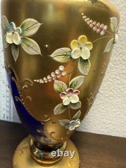 Vintage Bohemian Czech Art Glass Vase Cobalt Blue Gold Gilt Enamel Floral 8.75