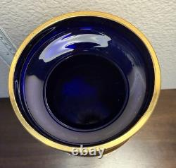 Vintage Bohemian Czech Art Glass Vase Cobalt Blue Gold Gilt Enamel Floral 8.75