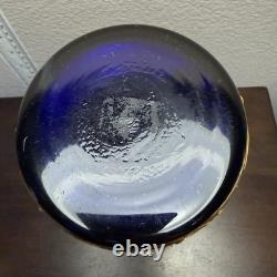 Vintage Bohemian Czech Art Glass Vase Cobalt Blue Gold Gilt Enamel Floral 8.75