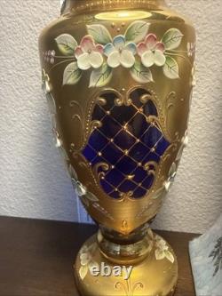 Vintage Bohemian Czech Art Glass Vase Cobalt Blue Gold Gilt Enamel Floral 8.75