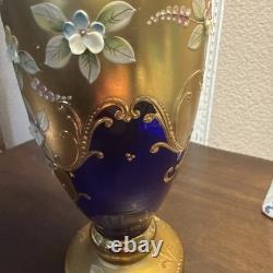 Vintage Bohemian Czech Art Glass Vase Cobalt Blue Gold Gilt Enamel Floral 8.75