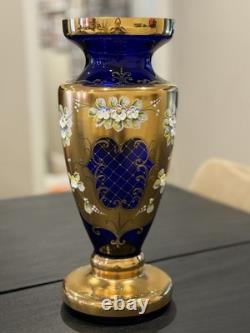 Vintage Bohemian or Czech-style cobalt blue art glass with gold gilding bud vase