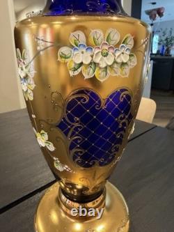 Vintage Bohemian or Czech-style cobalt blue art glass with gold gilding bud vase