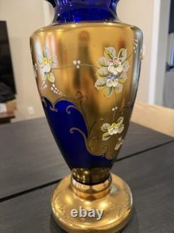 Vintage Bohemian or Czech-style cobalt blue art glass with gold gilding bud vase