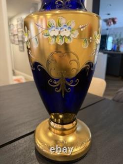 Vintage Bohemian or Czech-style cobalt blue art glass with gold gilding bud vase