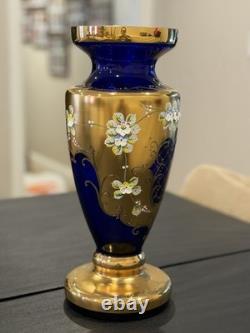 Vintage Bohemian or Czech-style cobalt blue art glass with gold gilding bud vase
