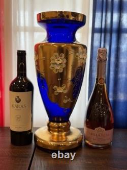 Vintage Bohemian or Czech-style cobalt blue art glass with gold gilding bud vase