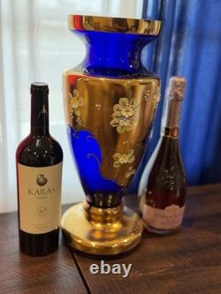 Vintage Bohemian or Czech-style cobalt blue art glass with gold gilding bud vase