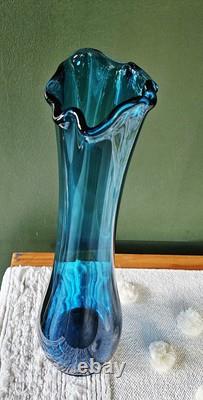 Vintage Boho LE Smith MCM Blue Swung Glass Vase 15 Fat Bottom Base