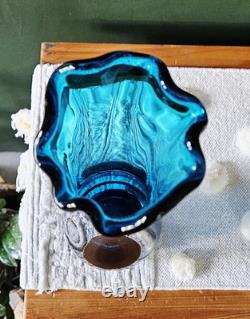 Vintage Boho LE Smith MCM Blue Swung Glass Vase 15 Fat Bottom Base