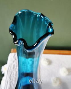 Vintage Boho LE Smith MCM Blue Swung Glass Vase 15 Fat Bottom Base
