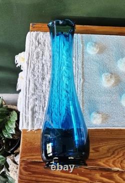 Vintage Boho LE Smith MCM Blue Swung Glass Vase 15 Fat Bottom Base