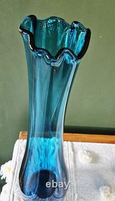 Vintage Boho LE Smith MCM Blue Swung Glass Vase 15 Fat Bottom Base