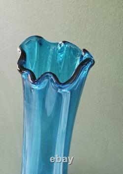 Vintage Boho LE Smith MCM Blue Swung Glass Vase 15 Fat Bottom Base