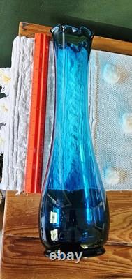 Vintage Boho LE Smith MCM Blue Swung Glass Vase 15 Fat Bottom Base
