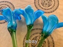 Vintage Bouquet (3) Italian Mid Century Hand Blown Long Stem Flowers Art Glass