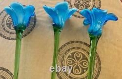 Vintage Bouquet (3) Italian Mid Century Hand Blown Long Stem Flowers Art Glass