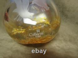 Vintage Caithness Scotland Seagull Engraved Art Glass Vase Blue Tan Spatter