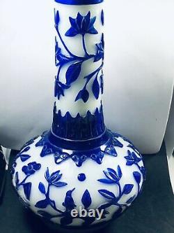 Vintage Chinese 10 Peking Glass Cobalt Blue Flowers On White Maker Mark Heavy