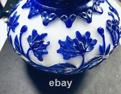 Vintage Chinese 10 Peking Glass Cobalt Blue Flowers On White Maker Mark Heavy