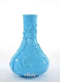 Vintage Chinese Sky Blue Peking Glass Carved Carving Vase Bird Flower