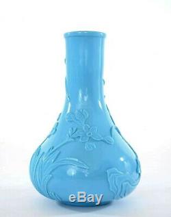 Vintage Chinese Sky Blue Peking Glass Carved Carving Vase Bird Flower